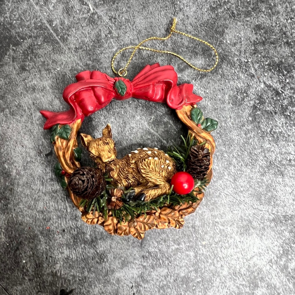 Vintage Resin Woodland Fawn Christmas Wreath Ornament | Cottage Forest